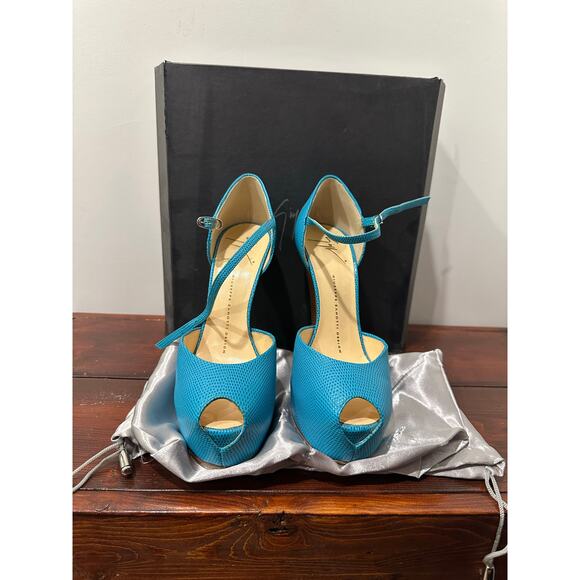 Giuseppe Zanotti Turquoise Textured Peep Toe Platform Heels size 38 EU - Picture 2 of 4
